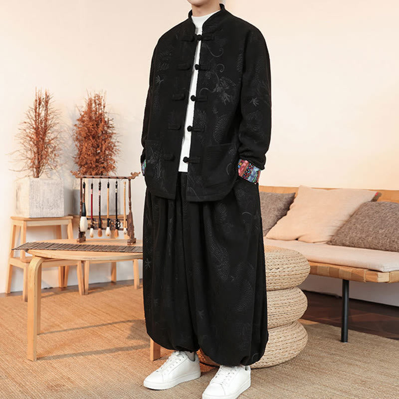 Buddha Stones 2Pcs Fall Winter Men's Tang Suit Dragon Frog-Button Cotton Long Sleeve Jacket Pants Set - image 5