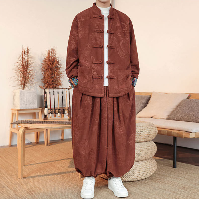 Buddha Stones 2Pcs Fall Winter Men's Tang Suit Dragon Frog-Button Cotton Long Sleeve Jacket Pants Set - image 11