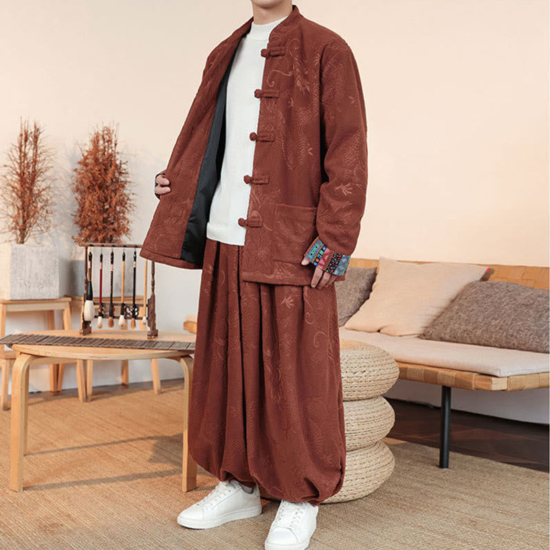 Buddha Stones 2Pcs Fall Winter Men's Tang Suit Dragon Frog-Button Cotton Long Sleeve Jacket Pants Set - image 14