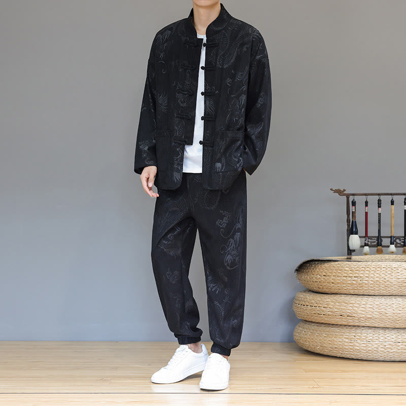 Buddha Stones 2Pcs Fall Winter Men's Tang Suit Dragon Frog-Button Cotton Corduroy Long Sleeve Jacket Pants Set With Pockets - image 20