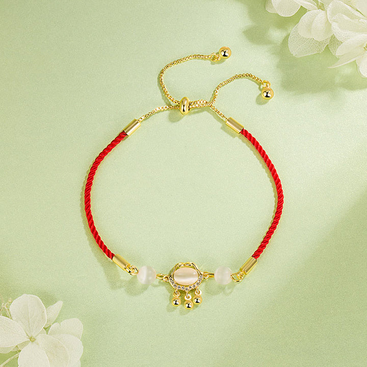 Buddha Stones Chinese Lock Charm Cat's Eye Red String Copper Plated Gold Protection Bracelet - Red String(Wrist Circumference: 14-22cm) - image 0