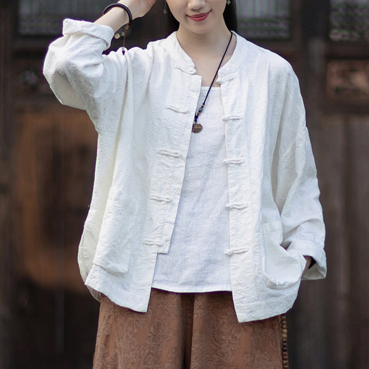 Buddha Stones Fall Jacquard Women's Frog-Button Long Sleeve Shirt Pants Cotton Linen Clothing - White Shirt - US4-6，UK/AU8-10，EU36-38 (F) - image 13