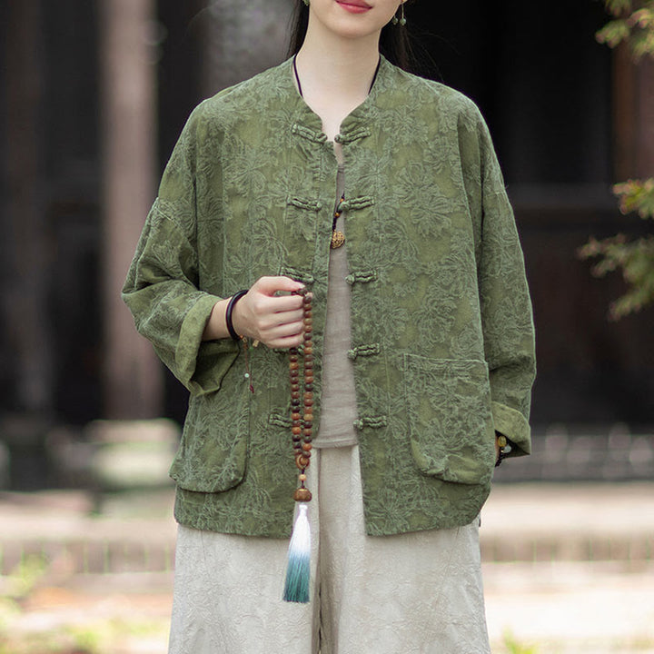 Buddha Stones Fall Jacquard Women's Frog-Button Long Sleeve Shirt Pants Cotton Linen Clothing - image 5