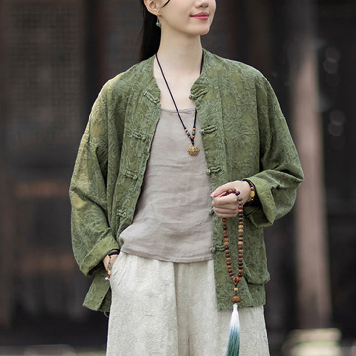 Buddha Stones Fall Jacquard Women's Frog-Button Long Sleeve Shirt Pants Cotton Linen Clothing - image 10