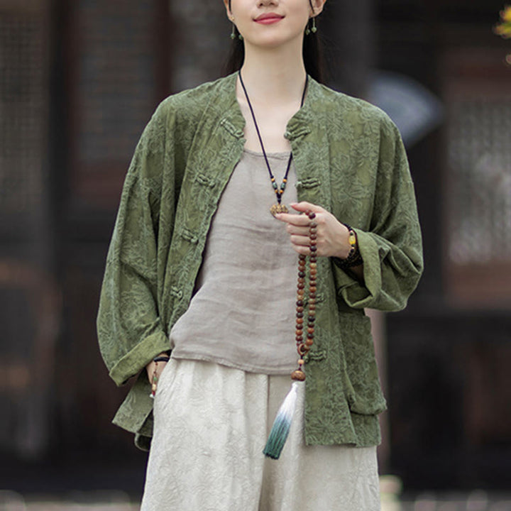 Buddha Stones Fall Jacquard Women's Frog-Button Long Sleeve Shirt Pants Cotton Linen Clothing - image 8