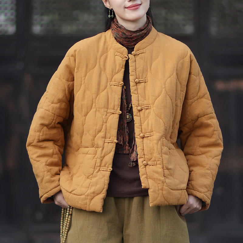 Buddha Stones Winter Curved Lines Frog-Button Ramie Cotton Long Sleeve Women's Thermal Jacket With Pockets - image 1