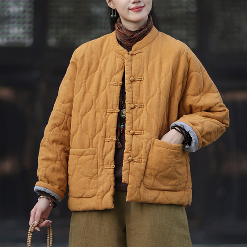 Buddha Stones Winter Curved Lines Frog-Button Ramie Cotton Long Sleeve Women's Thermal Jacket With Pockets - Orange - US4-12，UK/AU8-16，EU36-44 (F) - image 0