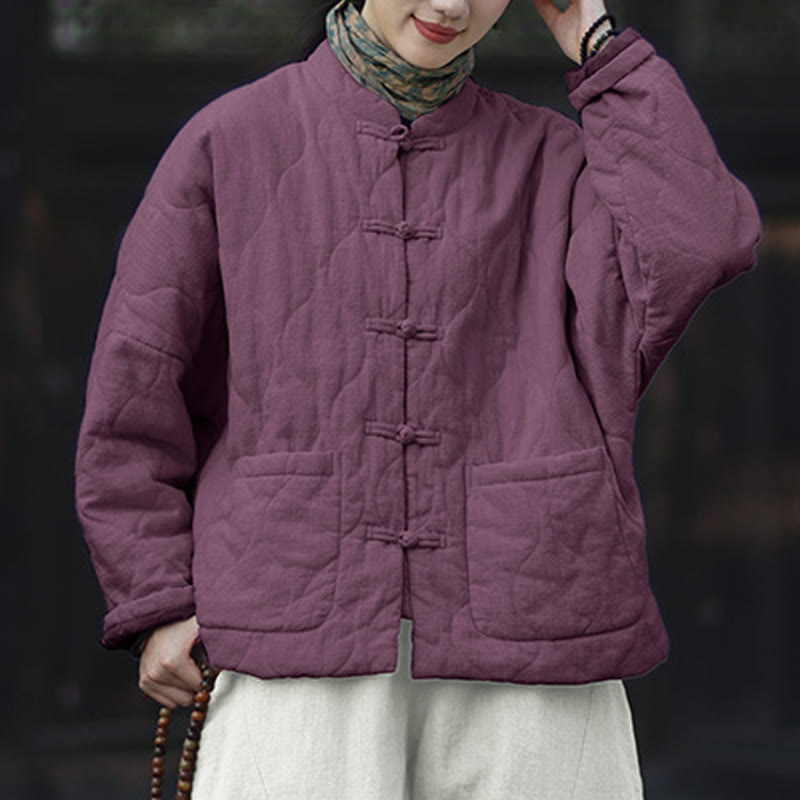 Buddha Stones Winter Curved Lines Frog-Button Ramie Cotton Long Sleeve Women's Thermal Jacket With Pockets - image 40