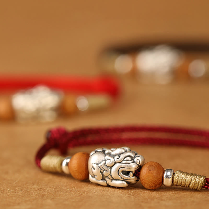 Buddha Stones 999 Sterling Silver Pixiu Charm Peach Wood Bead Handmade String Braided Luck Bracelet Anklet - image 3