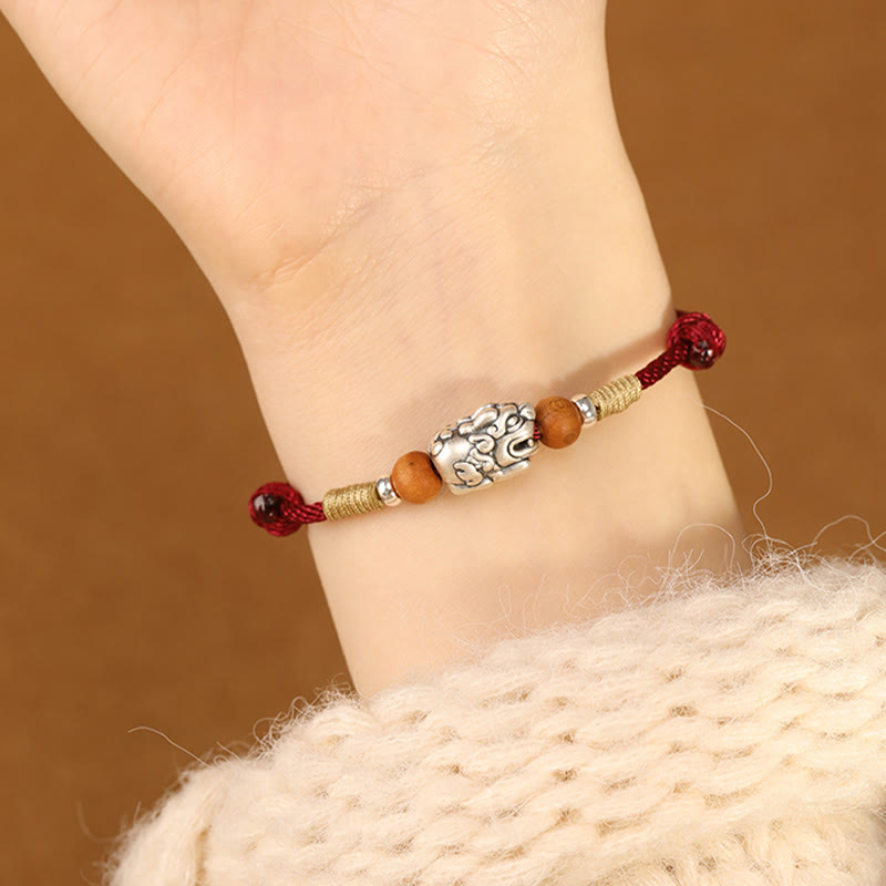 Buddha Stones 999 Sterling Silver Pixiu Charm Peach Wood Bead Handmade String Braided Luck Bracelet Anklet - image 8