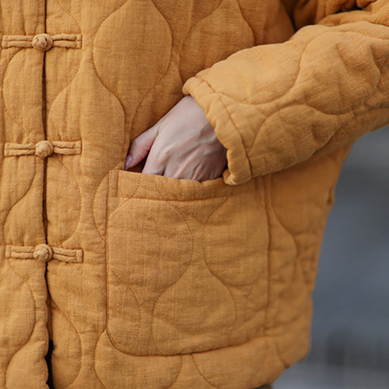 Buddha Stones Winter Curved Lines Frog-Button Ramie Cotton Long Sleeve Women's Thermal Jacket With Pockets - image 13