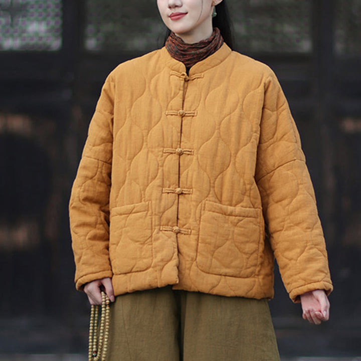 Buddha Stones Winter Curved Lines Frog-Button Ramie Cotton Long Sleeve Women's Thermal Jacket With Pockets - image 7