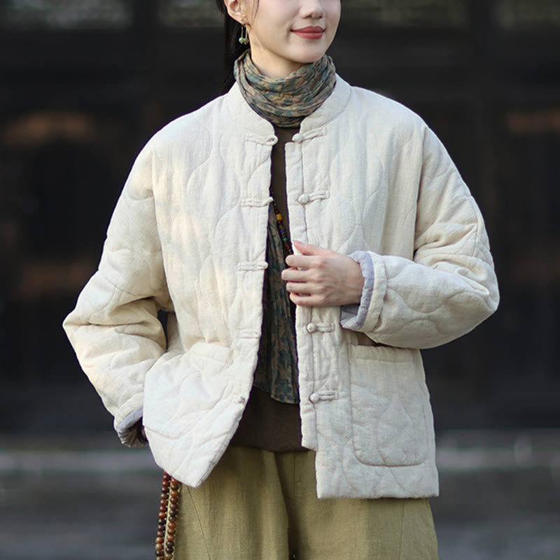 Buddha Stones Winter Curved Lines Frog-Button Ramie Cotton Long Sleeve Women's Thermal Jacket With Pockets - image 15