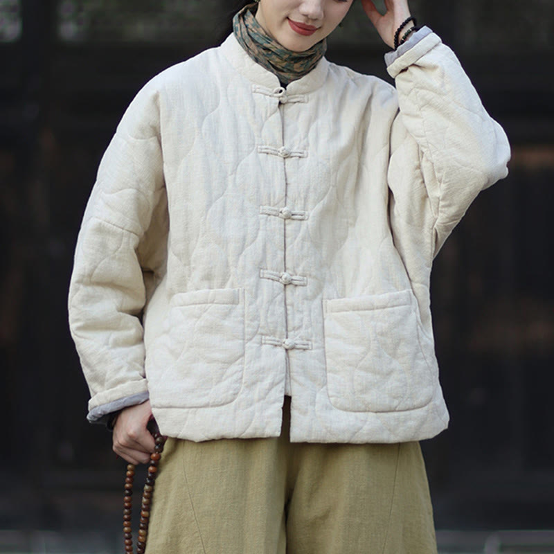 Buddha Stones Winter Curved Lines Frog-Button Ramie Cotton Long Sleeve Women's Thermal Jacket With Pockets - image 21