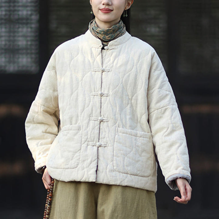 Buddha Stones Winter Curved Lines Frog-Button Ramie Cotton Long Sleeve Women's Thermal Jacket With Pockets - image 27