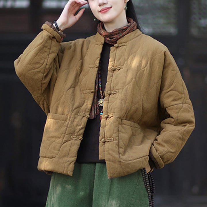 Buddha Stones Winter Curved Lines Frog-Button Ramie Cotton Long Sleeve Women's Thermal Jacket With Pockets - image 35