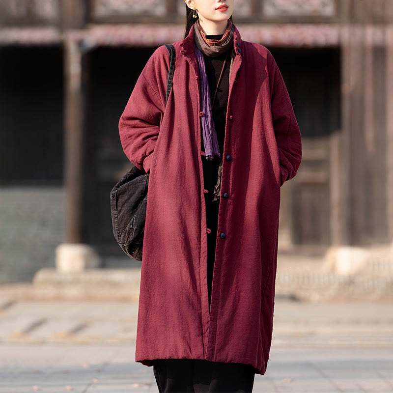 Buddha Stones Winter Solid Frog-Button Ramie Cotton Women's Long Sleeve Thermal Coat With Pockets - image 16