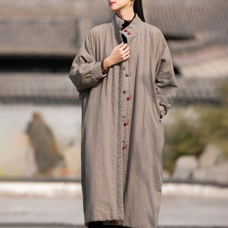 Buddha Stones Winter Solid Frog-Button Ramie Cotton Women's Long Sleeve Thermal Coat With Pockets - image 30