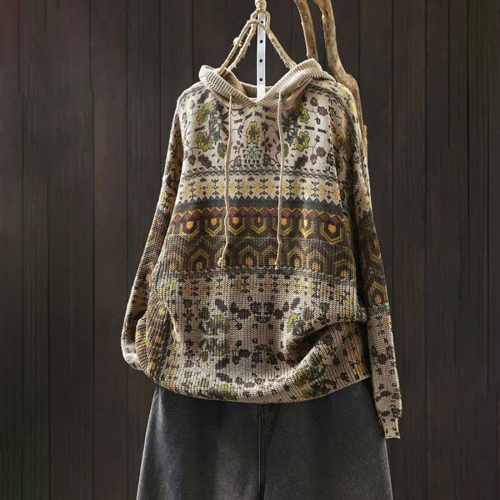 Buddha Stones Fall Striped Geometric Flowers Cotton Women's Long Sleeve Pullover Knitted Hoodie - Beige - US4-6，UK/AU8-10，EU36-38 (F) - image 0