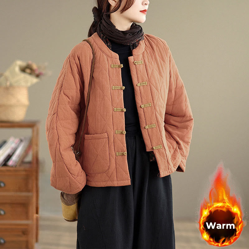 Buddha Stones Winter Frog-Button Diamond-shaped Lines Cotton Long Sleeve Women's Thermal Jacket With Pockets - image 1