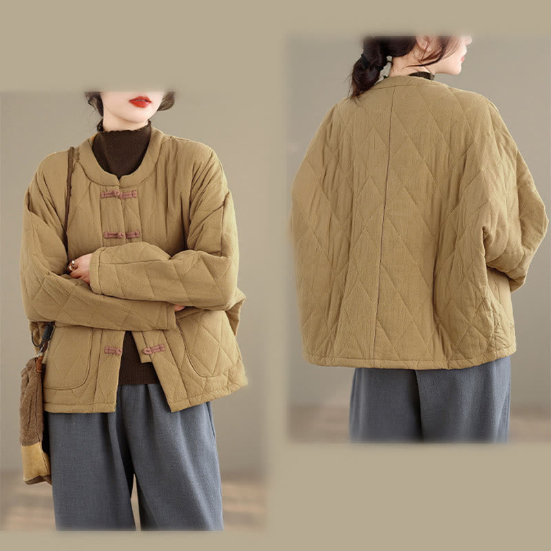 Buddha Stones Winter Frog-Button Diamond-shaped Lines Cotton Long Sleeve Women's Thermal Jacket With Pockets - image 10