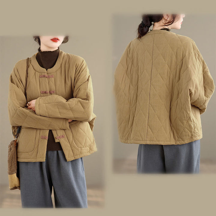 Buddha Stones Winter Frog-Button Diamond-shaped Lines Cotton Long Sleeve Women's Thermal Jacket With Pockets - image 10