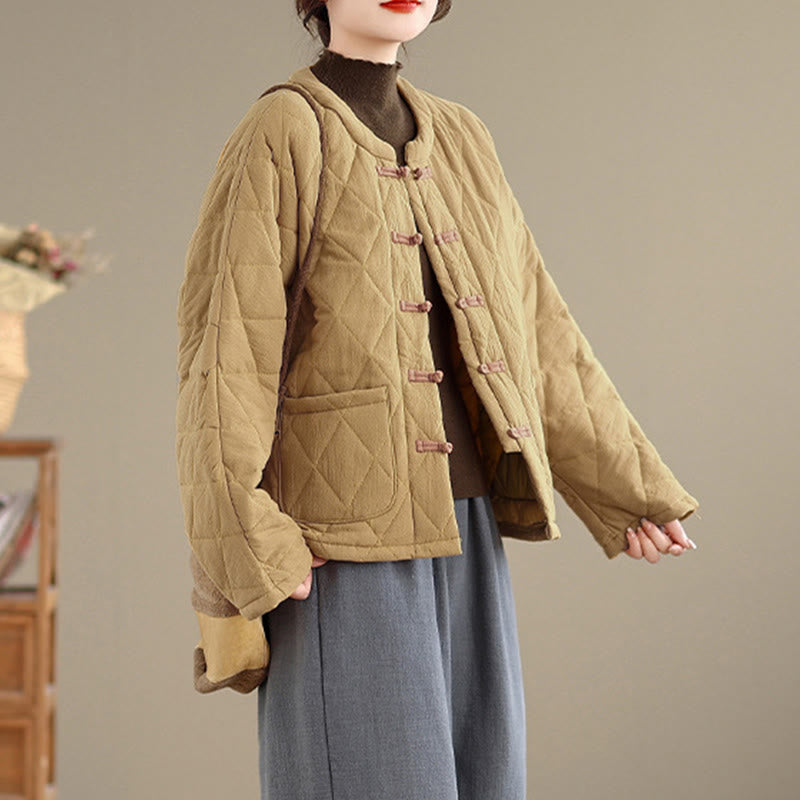 Buddha Stones Winter Frog-Button Diamond-shaped Lines Cotton Long Sleeve Women's Thermal Jacket With Pockets - image 8