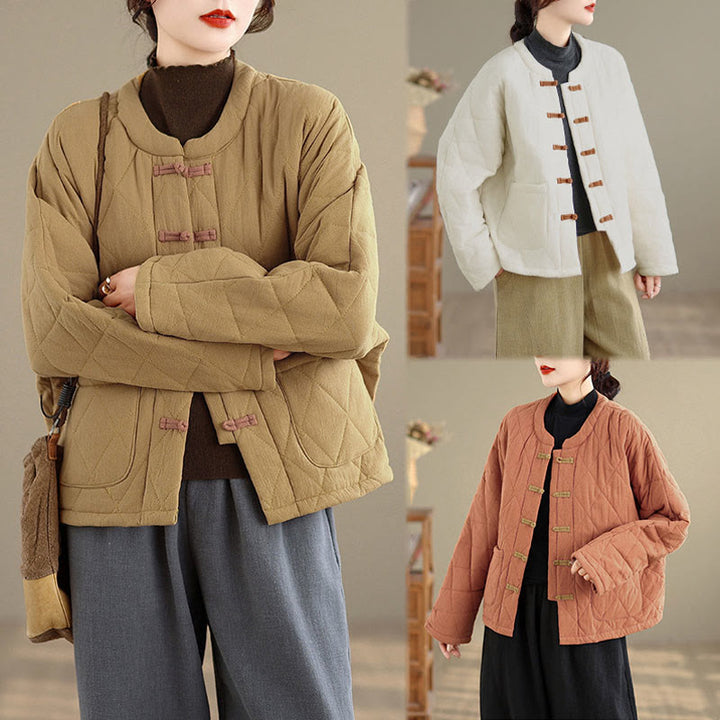 Buddha Stones Winter Frog-Button Diamond-shaped Lines Cotton Long Sleeve Women's Thermal Jacket With Pockets - image 22