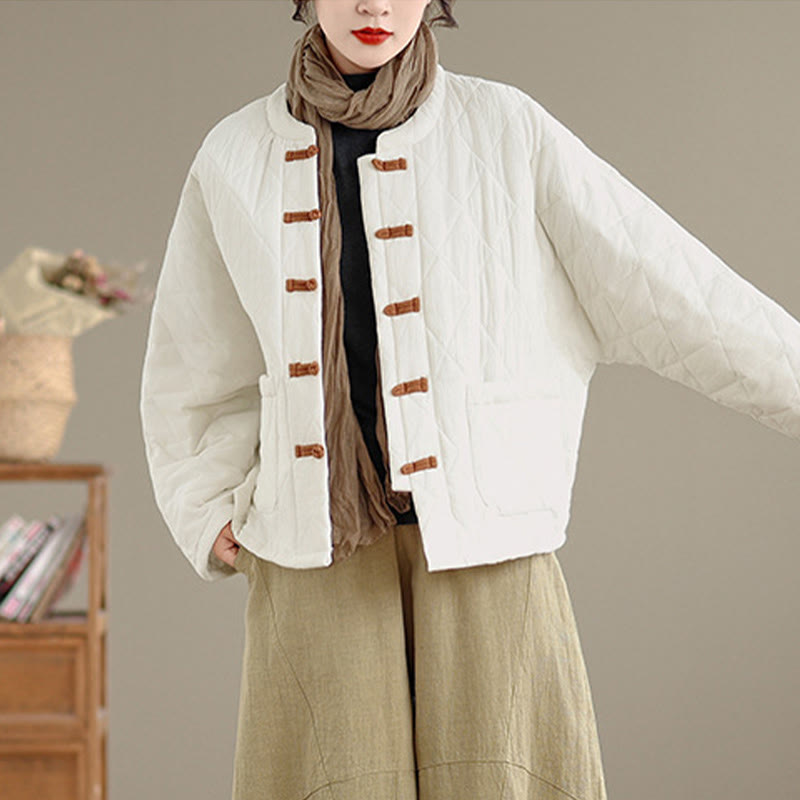 Buddha Stones Winter Frog-Button Diamond-shaped Lines Cotton Long Sleeve Women's Thermal Jacket With Pockets - image 21