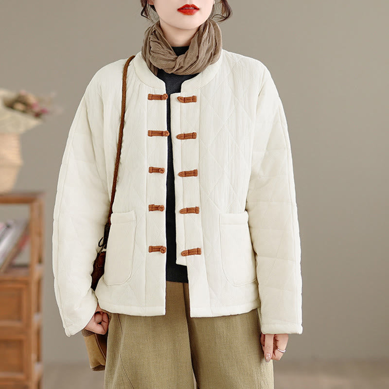 Buddha Stones Winter Frog-Button Diamond-shaped Lines Cotton Long Sleeve Women's Thermal Jacket With Pockets - image 17