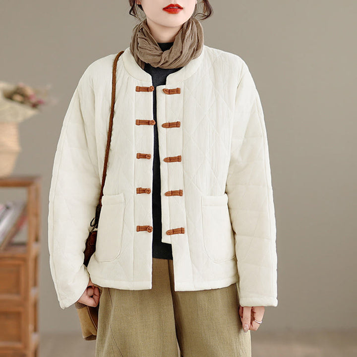 Buddha Stones Winter Frog-Button Diamond-shaped Lines Cotton Long Sleeve Women's Thermal Jacket With Pockets - image 17