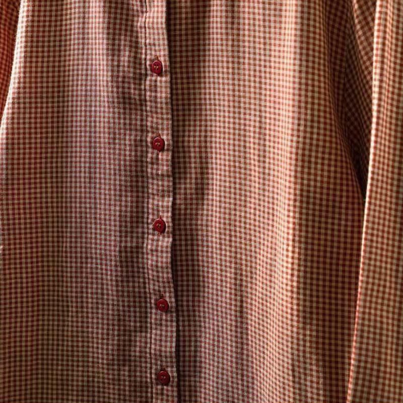 Buddha Stones Fall Tiny Plaid Button Down Ruffle Collar Long Sleeve Women's Cotton Shirt - image 8
