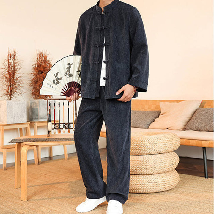 Buddha Stones 2Pcs Winter Thick Men's Tang Suit Frog-Button Cotton Corduroy Long Sleeve Jacket Pants Set With Pockets - image 5