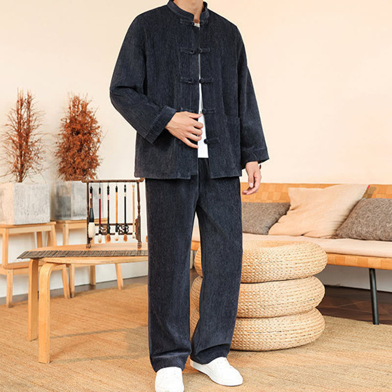 Buddha Stones 2Pcs Winter Thick Men's Tang Suit Frog-Button Cotton Corduroy Long Sleeve Jacket Pants Set With Pockets - image 2