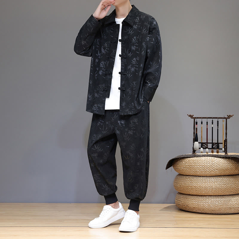 Buddha Stones 2Pcs Winter Thick Bamboo Men's Tang Suit Frog-Button Cotton Corduroy Long Sleeve Jacket Pants Set With Pockets - Black - US/UK/AU46，EU56 (5XL) - image 22
