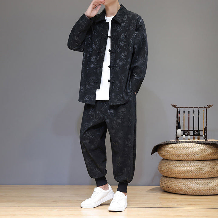 Buddha Stones 2Pcs Winter Thick Bamboo Men's Tang Suit Frog-Button Cotton Corduroy Long Sleeve Jacket Pants Set With Pockets - Black - US/UK/AU46，EU56 (5XL) - image 22
