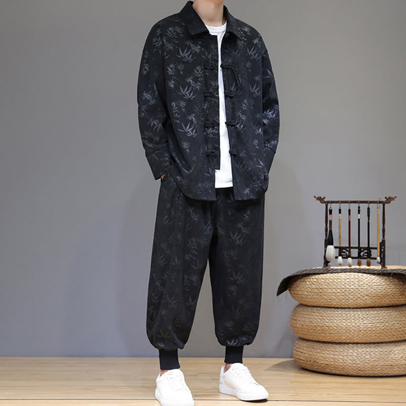 Buddha Stones 2Pcs Winter Thick Bamboo Men's Tang Suit Frog-Button Cotton Corduroy Long Sleeve Jacket Pants Set With Pockets - image 24