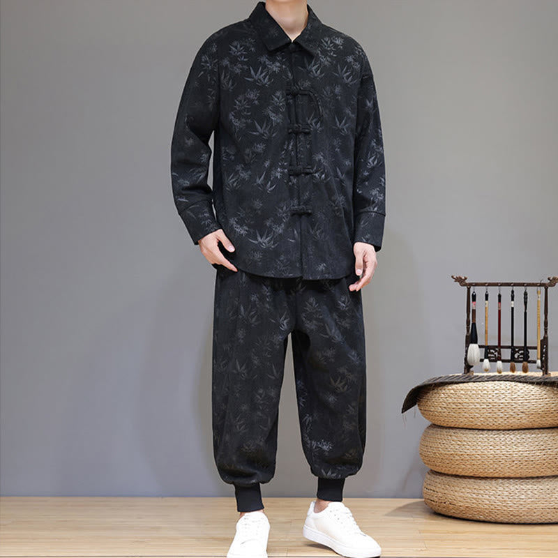 Buddha Stones 2Pcs Winter Thick Bamboo Men's Tang Suit Frog-Button Cotton Corduroy Long Sleeve Jacket Pants Set With Pockets - image 23