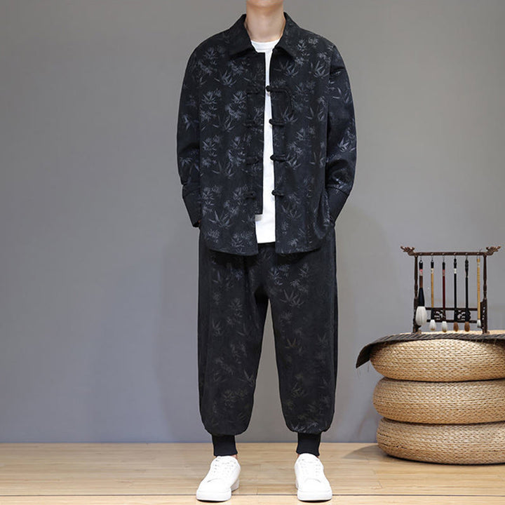 Buddha Stones 2Pcs Winter Thick Bamboo Men's Tang Suit Frog-Button Cotton Corduroy Long Sleeve Jacket Pants Set With Pockets - image 27
