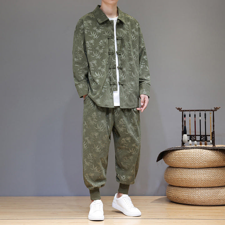 Buddha Stones 2Pcs Winter Thick Bamboo Men's Tang Suit Frog-Button Cotton Corduroy Long Sleeve Jacket Pants Set With Pockets - image 2