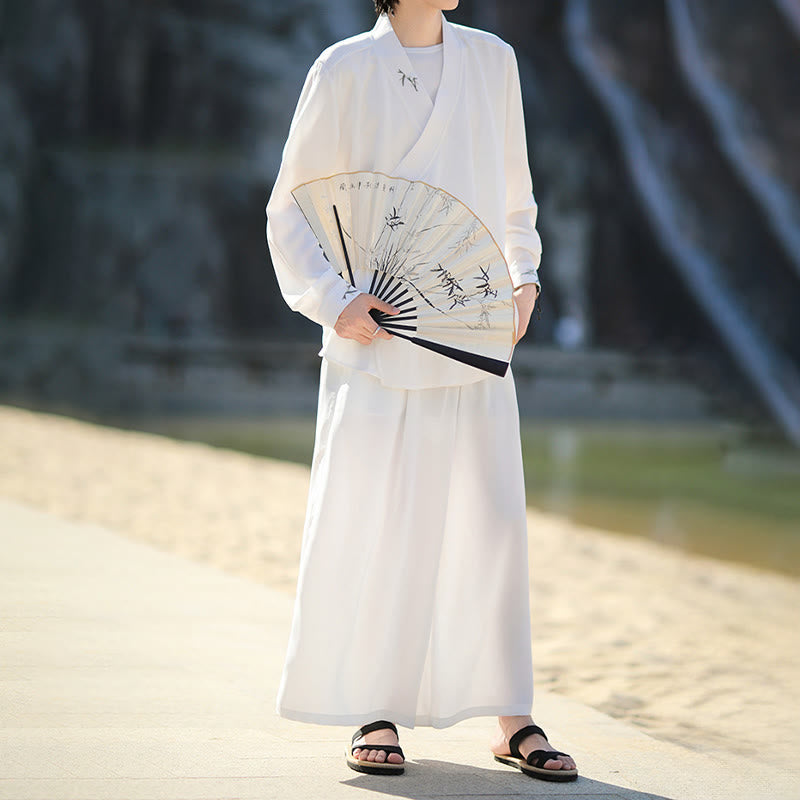 Buddha Stones 2Pcs Fall Lace-up Bamboo Embroidery Cotton Kimono Ankle-Length Pants With Pockets Men's Meditation Cloth Set - image 10