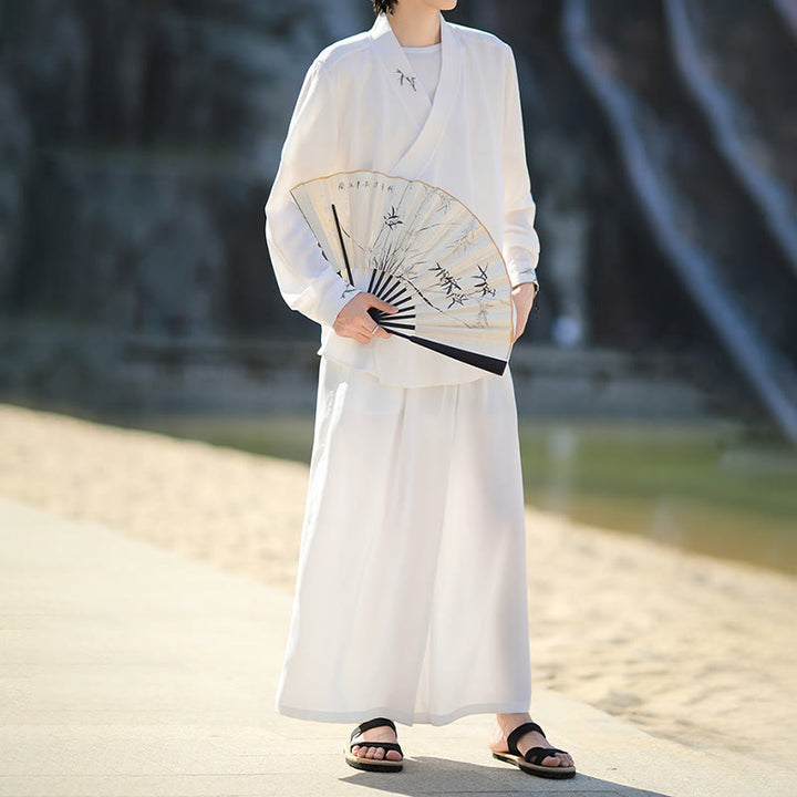 Buddha Stones 2Pcs Fall Lace-up Bamboo Embroidery Cotton Kimono Ankle-Length Pants With Pockets Men's Meditation Cloth Set - image 10