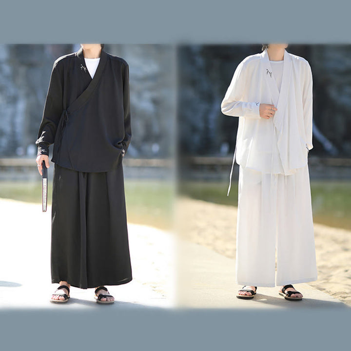 Buddha Stones 2Pcs Fall Lace-up Bamboo Embroidery Cotton Kimono Ankle-Length Pants With Pockets Men's Meditation Cloth Set - image 19