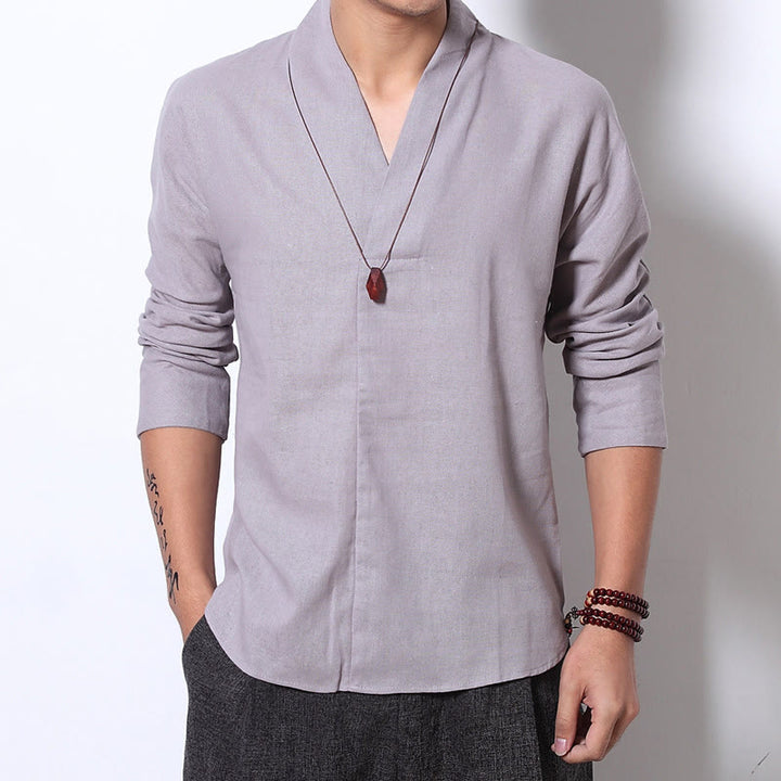 Buddha Stones Casual V-Neck Long Sleeve Shirt Linen Men Clothing - image 1