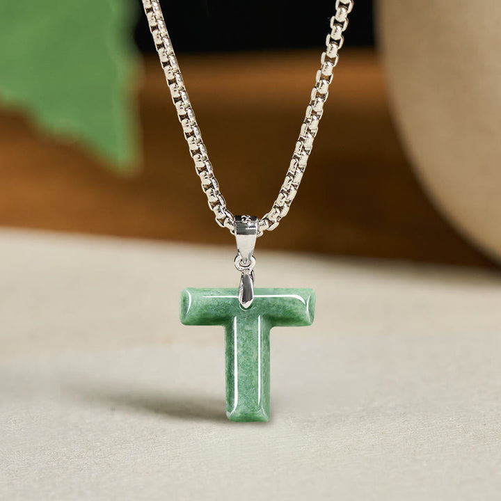 Buddha Stones Natural A-Z Letter Jade Titanium Steel Wide Chain Prosperity Necklace Pendant - image 28
