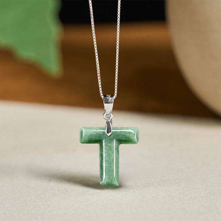 Buddha Stones Natural A-Z Letter Jade Titanium Steel Chain 925 Sterling Silver Chain Prosperity Necklace Pendant - T - Titanium Steel Chain&Silver Chain(One Pendant) - image 84