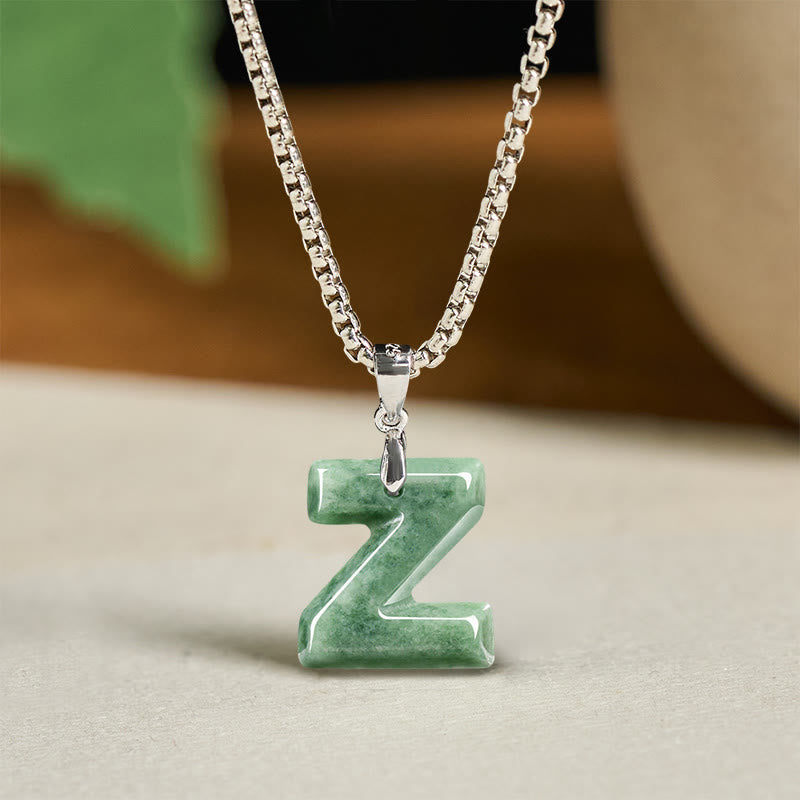 Buddha Stones Natural A-Z Letter Jade Titanium Steel Chain 925 Sterling Silver Chain Prosperity Necklace Pendant - Z - Titanium Steel Chain(One Pendant) - image 33
