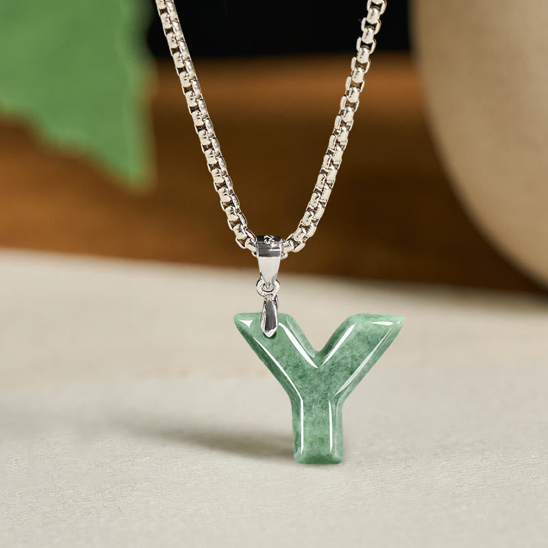 Buddha Stones Natural A-Z Letter Jade Titanium Steel Chain 925 Sterling Silver Chain Prosperity Necklace Pendant - Y - Titanium Steel Chain(One Pendant) - image 32