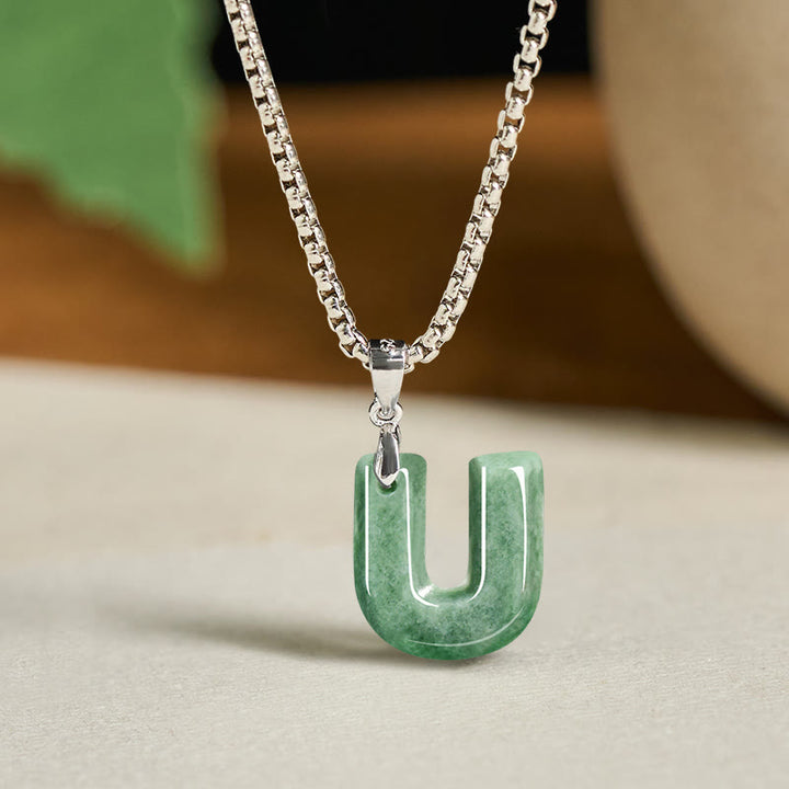 Buddha Stones Natural A-Z Letter Jade Titanium Steel Chain 925 Sterling Silver Chain Prosperity Necklace Pendant - U - Titanium Steel Chain(One Pendant) - image 28