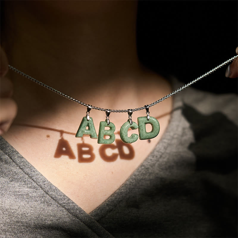 Buddha Stones Natural A-Z Letter Jade Titanium Steel Wide Chain Prosperity Necklace Pendant - image 39